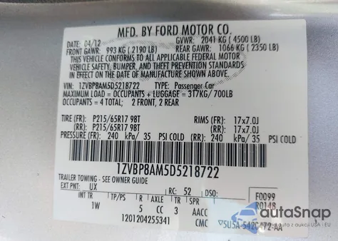 2013 Ford Mustang V6 z USA, uszkodzony, nr VIN 1ZVBP8AM5D5218722